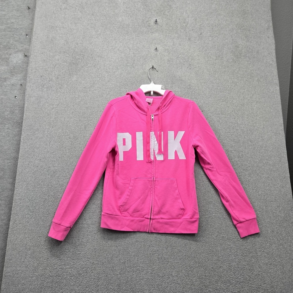 PINK Victoria's Secret Women Hoodie M Pink Fleece Logo Spellout Full Zip Pockets